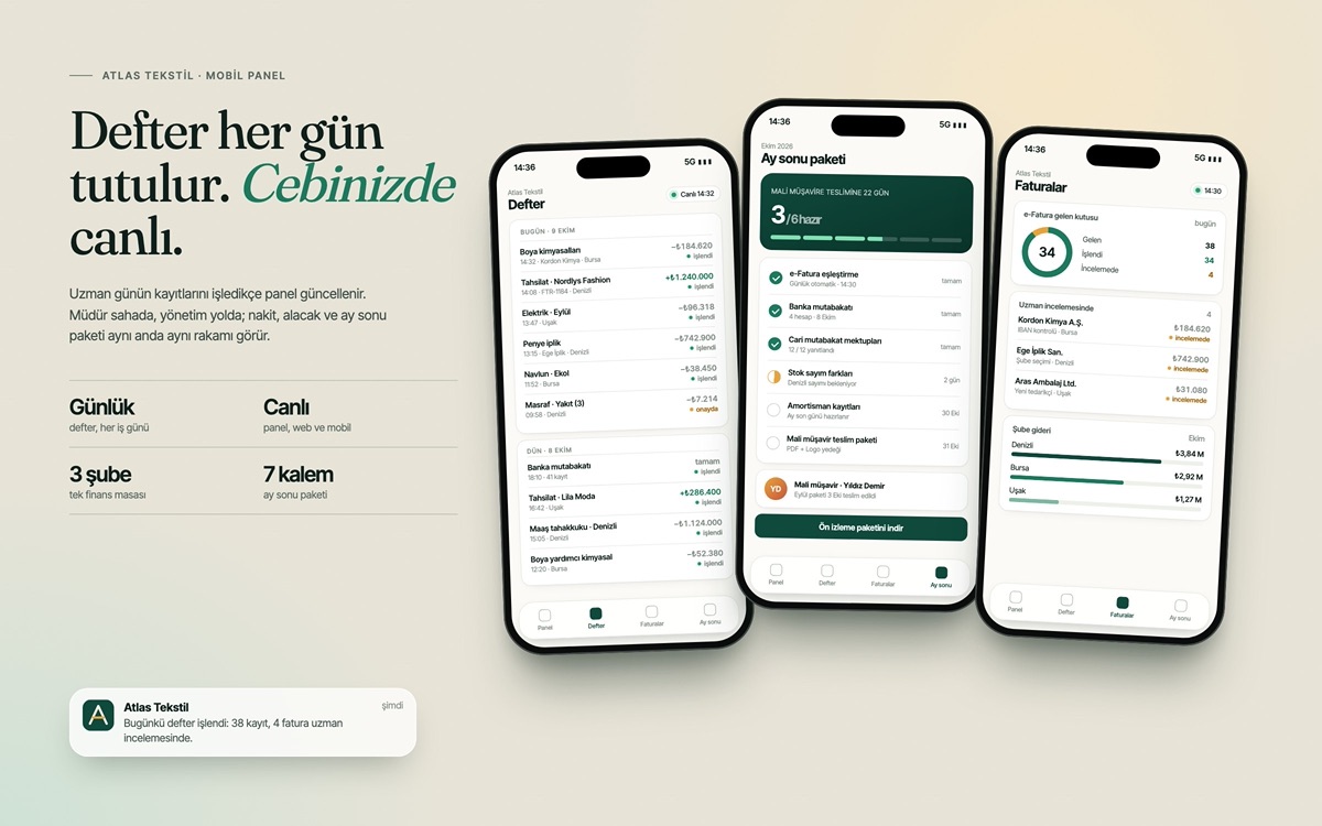 Atlas Tekstil — Mobile dashboard: ledger, month-end pack and e-invoice inbox