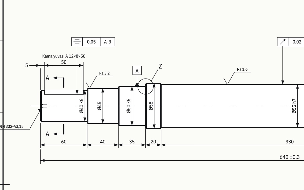 Demir Makina — Sheet detail: keyway, runout tolerances and section mark