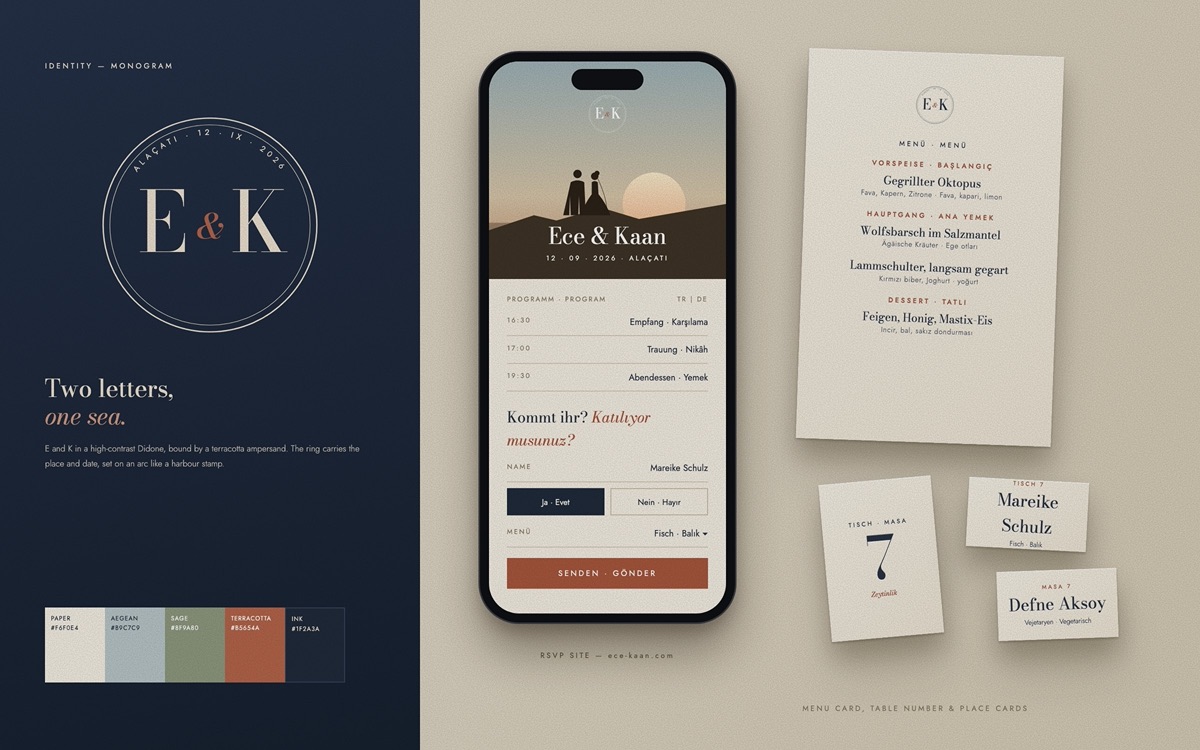 Ece & Kaan — Monogram, phone RSVP site, menu and table cards