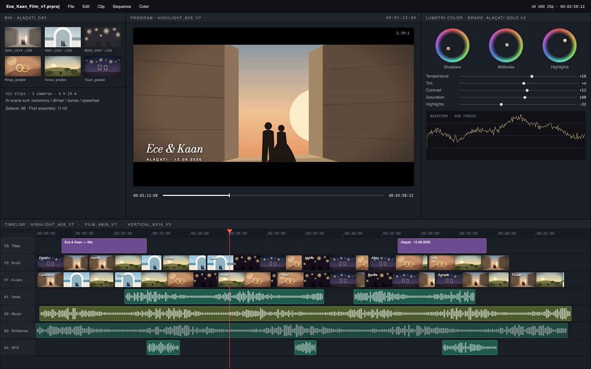 Ece & Kaan — Wedding film edit: graded frames and timeline