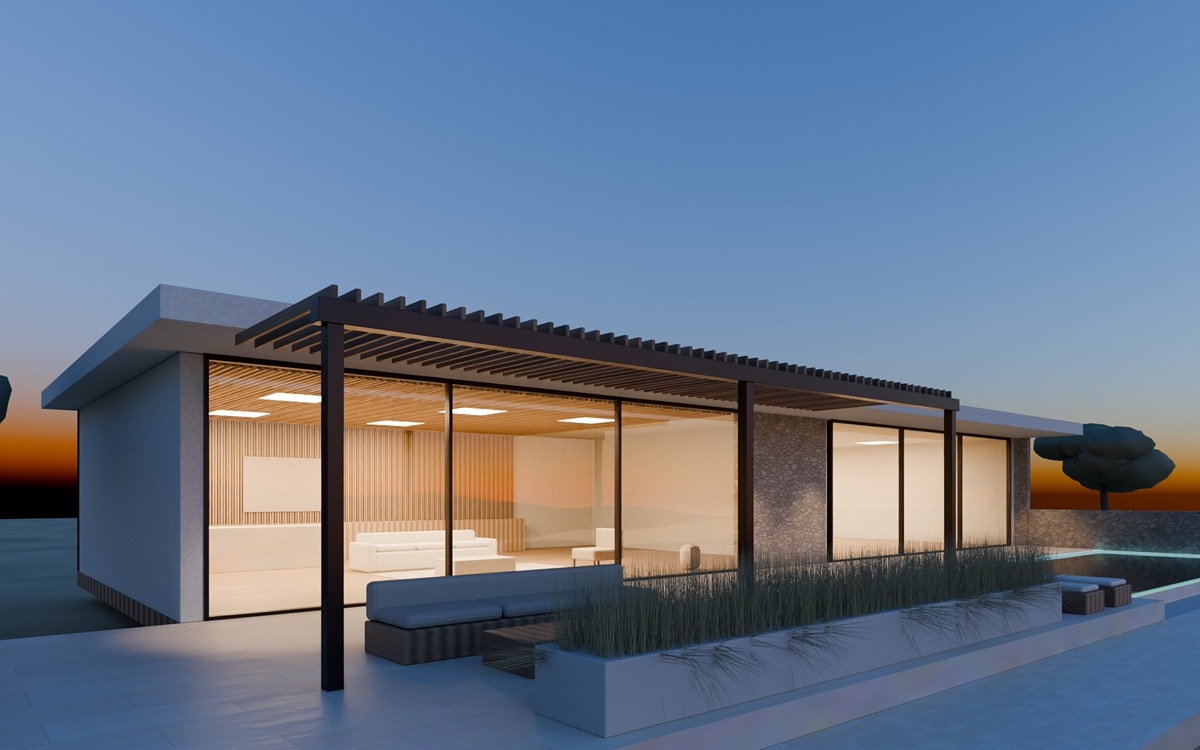 Kaya Mimarlık — Güneybatıdan alacakaranlık görünüşü: pergola, taş duvar ve havuz
