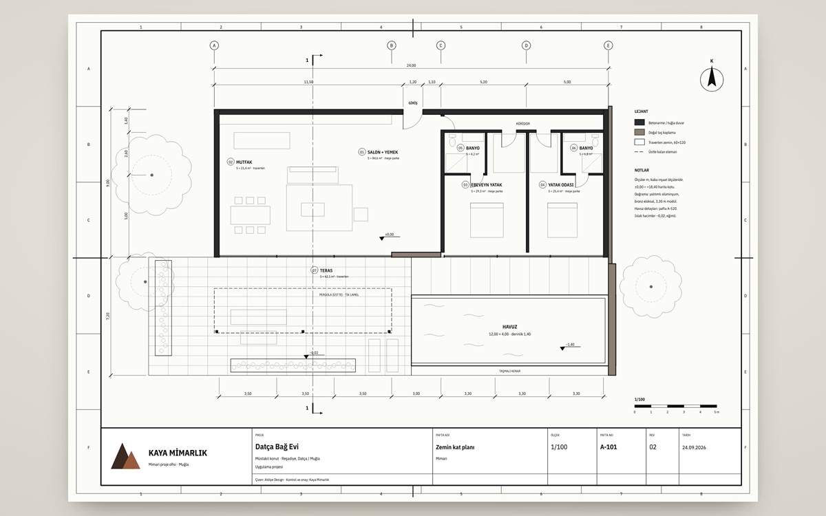 Kaya Mimarlık — A-101 ground-floor plan, scale 1:100