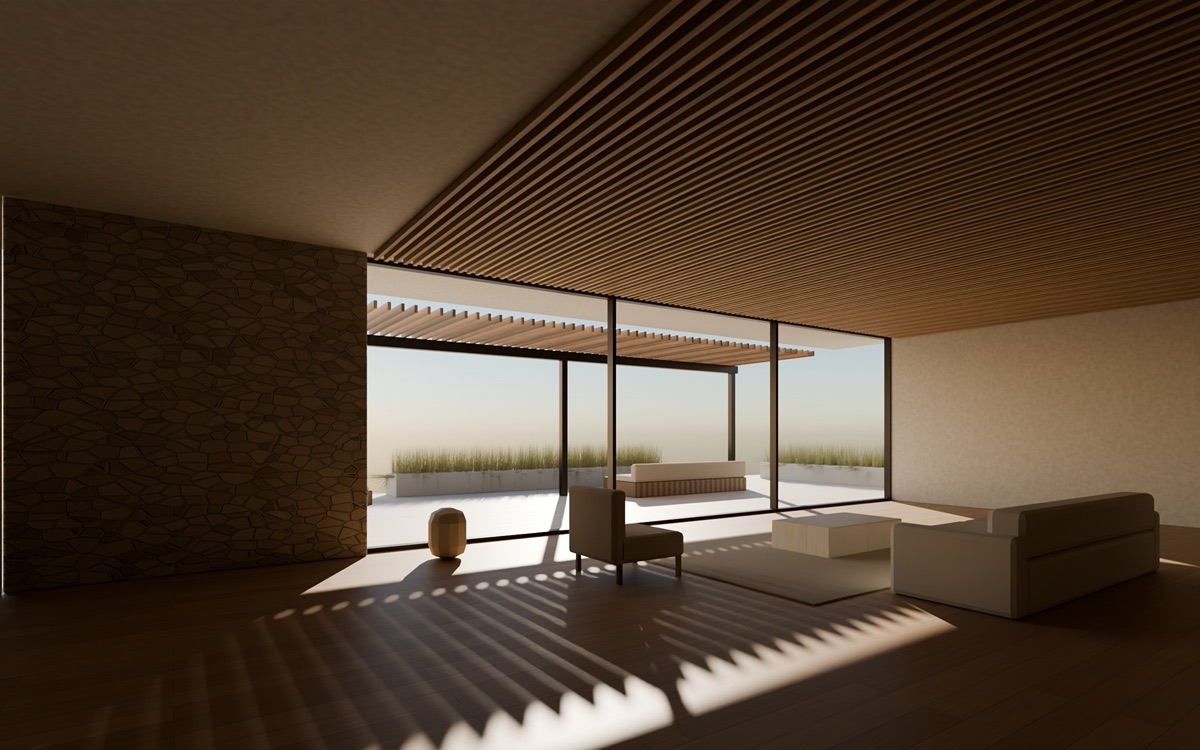 Kaya Mimarlık — Living room: afternoon light and teak-slatted ceiling