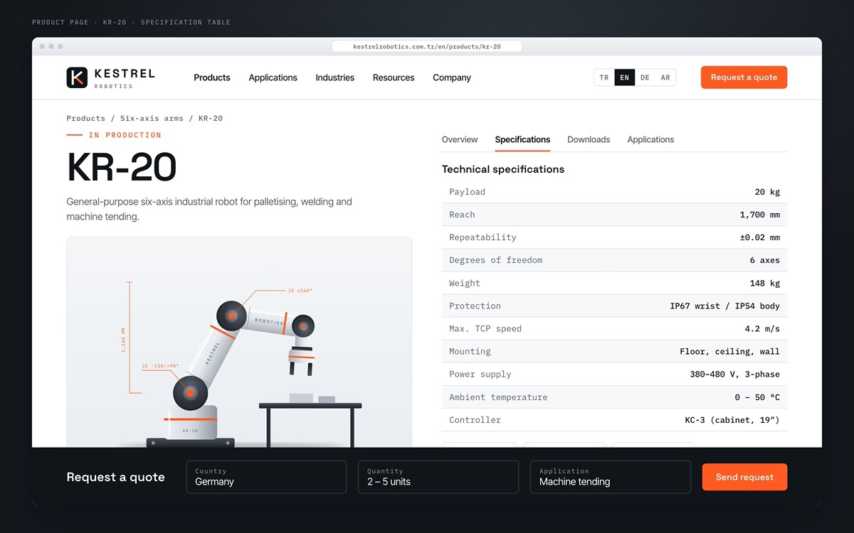 Kestrel Robotics — KR-20 product page with specification table
