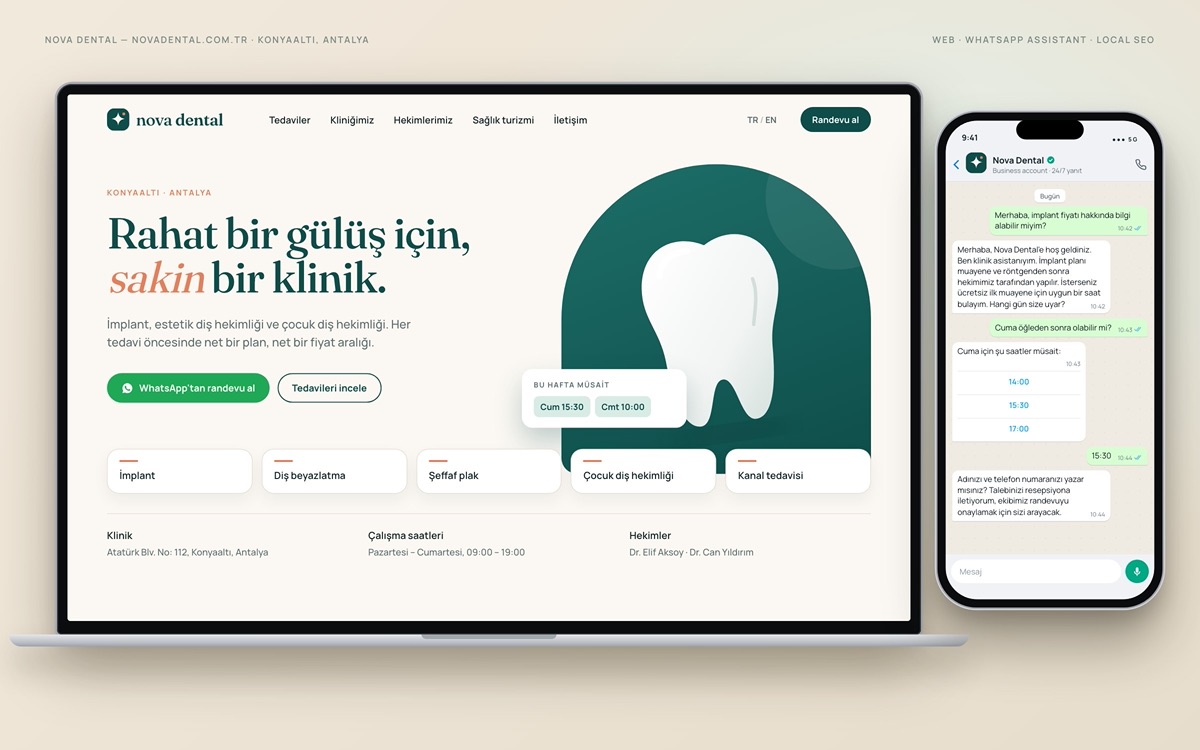 Nova Dental — Klinik ana sayfası ve WhatsApp konuşması