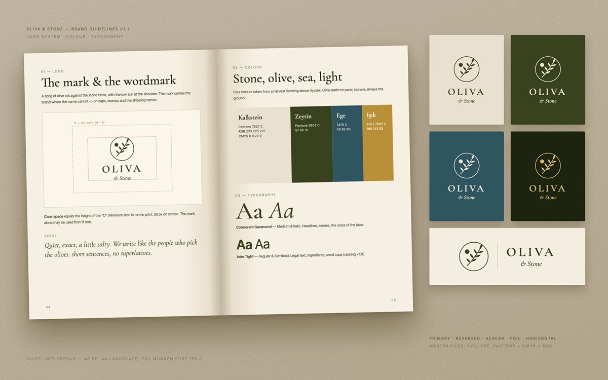 Oliva & Stone — Logo sistemi ve marka rehberi çift sayfası