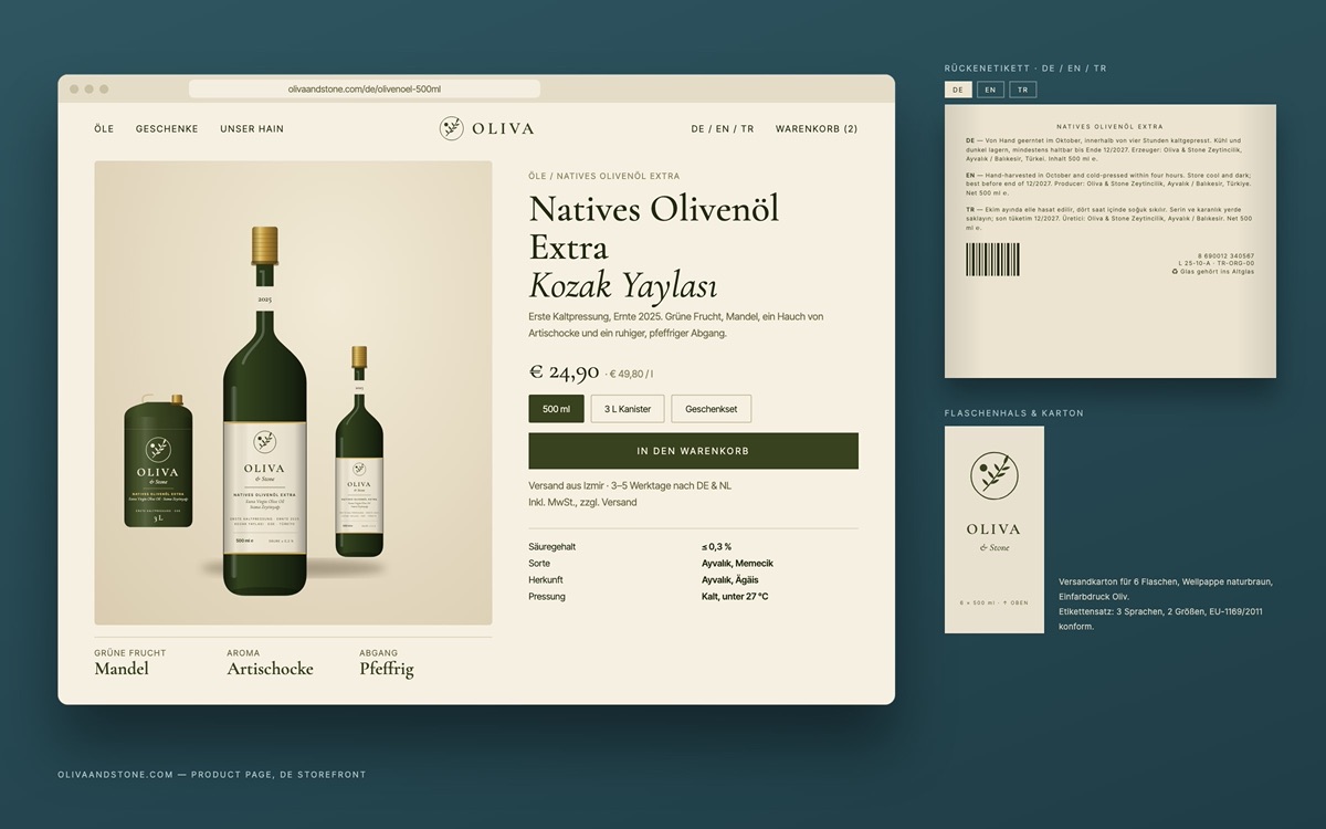 Oliva & Stone — E-ticaret ürün sayfası ve üç dilli arka etiket