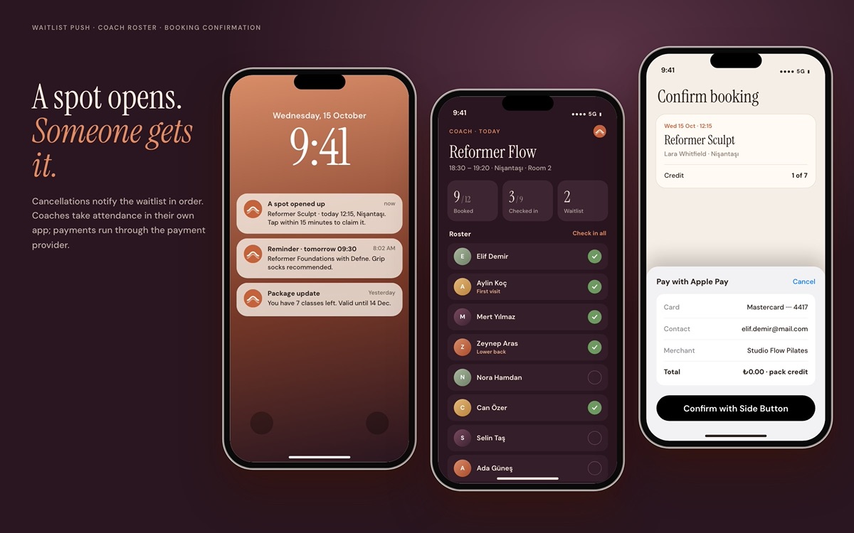 Studio Flow — Waitlist notification, coach roster and booking confirmation